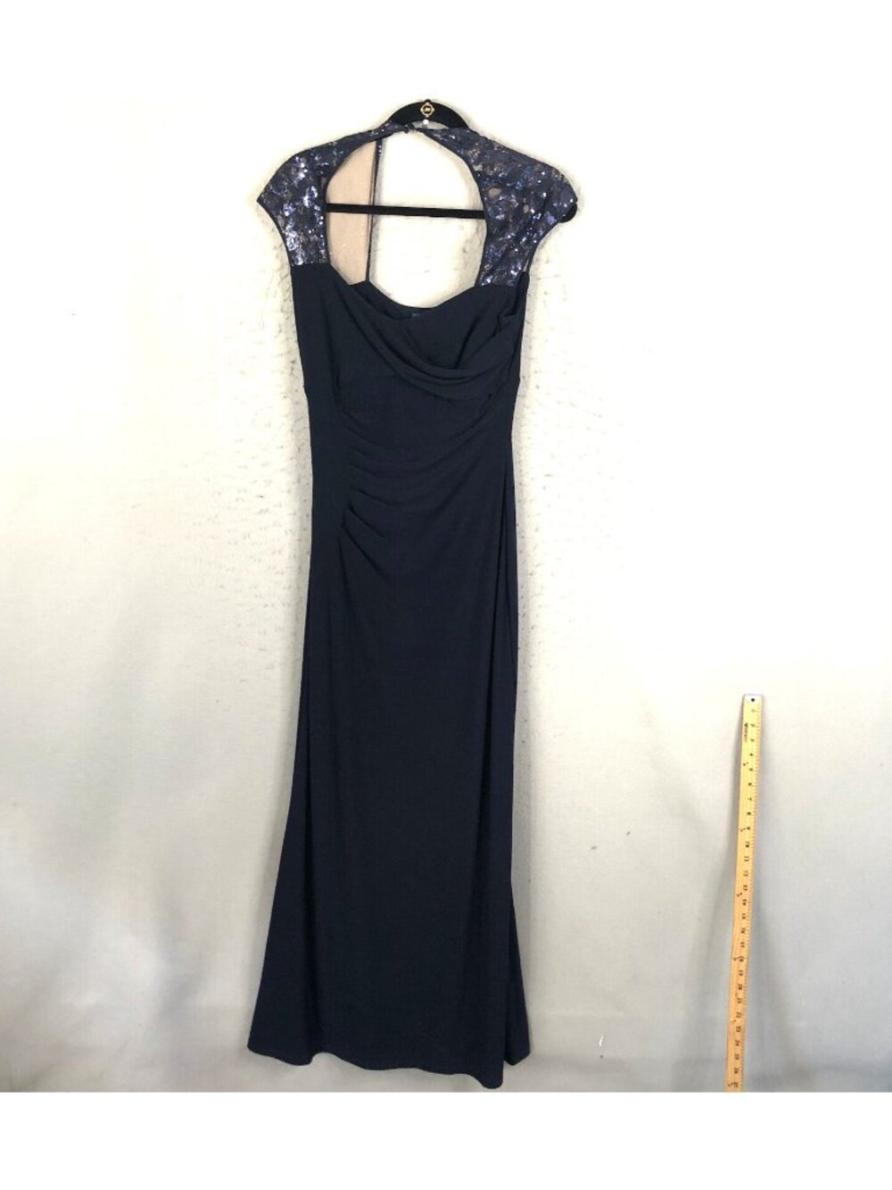 statement Dress Womens 10 Navy Blue Fitted Sequin Sleeves Formal - Picture 3 of 16
